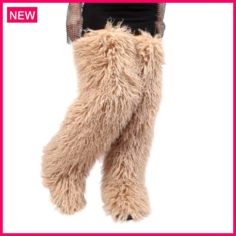 Thigh High Faux Fur Boots, Over Knee Flat Winter Shoes Women